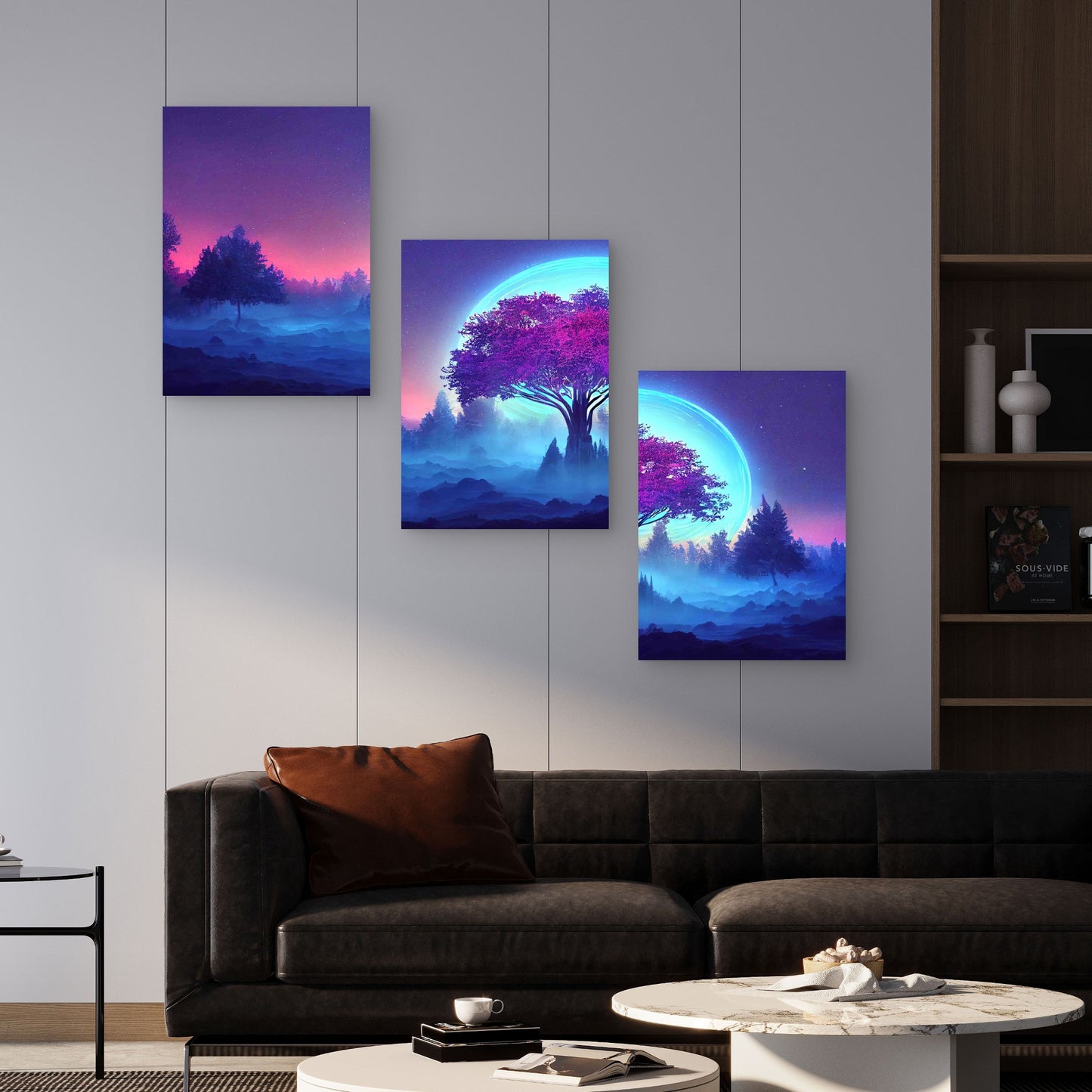 3pcs Majestic Tree Of Life Under Neon Moon Metal Print Ready to Hang Art