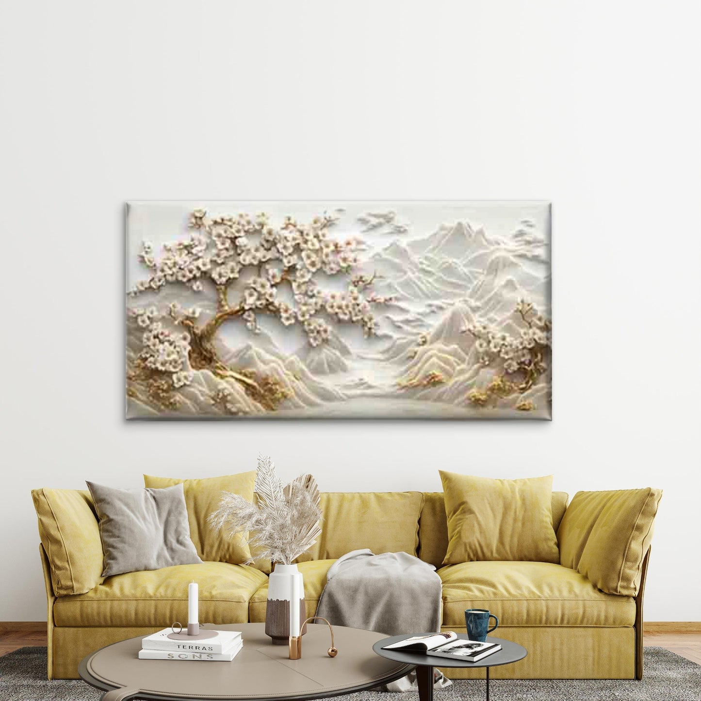 Marble Mountain And Golden Tree Wall Art Canvas Office Home Room Framed 120x60cm - Bella Home Decor