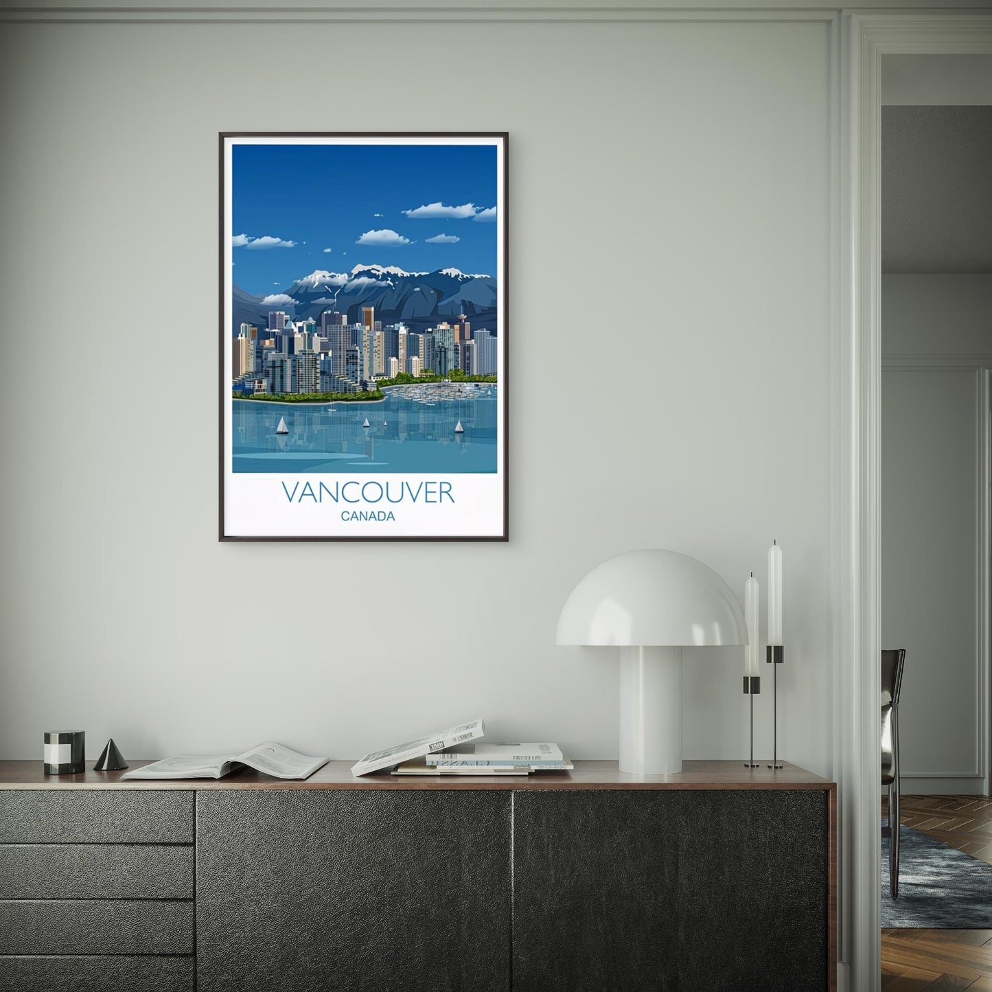 Snowy Mountains Above The Modern Vancouver sky Travel Poster Print Wall Art - Bella Home Decor