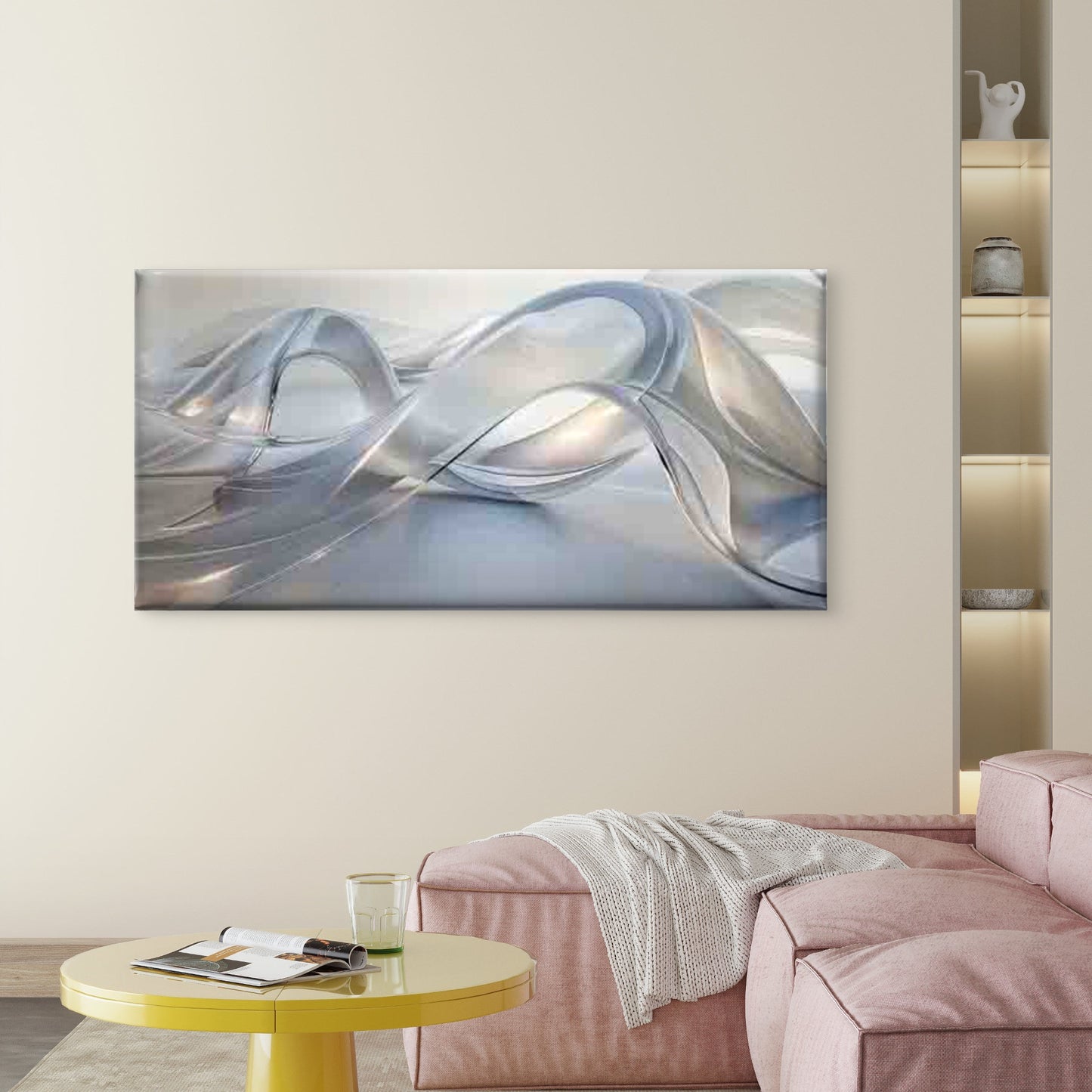 Abstract Silver Fluid Waves Wall Art Canvas Office Home Room Framed 120x60cm