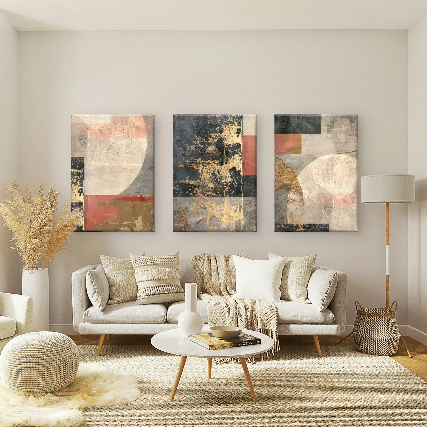 3pcs Abstract Dark Gray Red Gold Block Shapes Wall Art Set Canvas Framed 50x70cm - High Quality Print 100% Australian Made Wall Canvas Ready to Hang