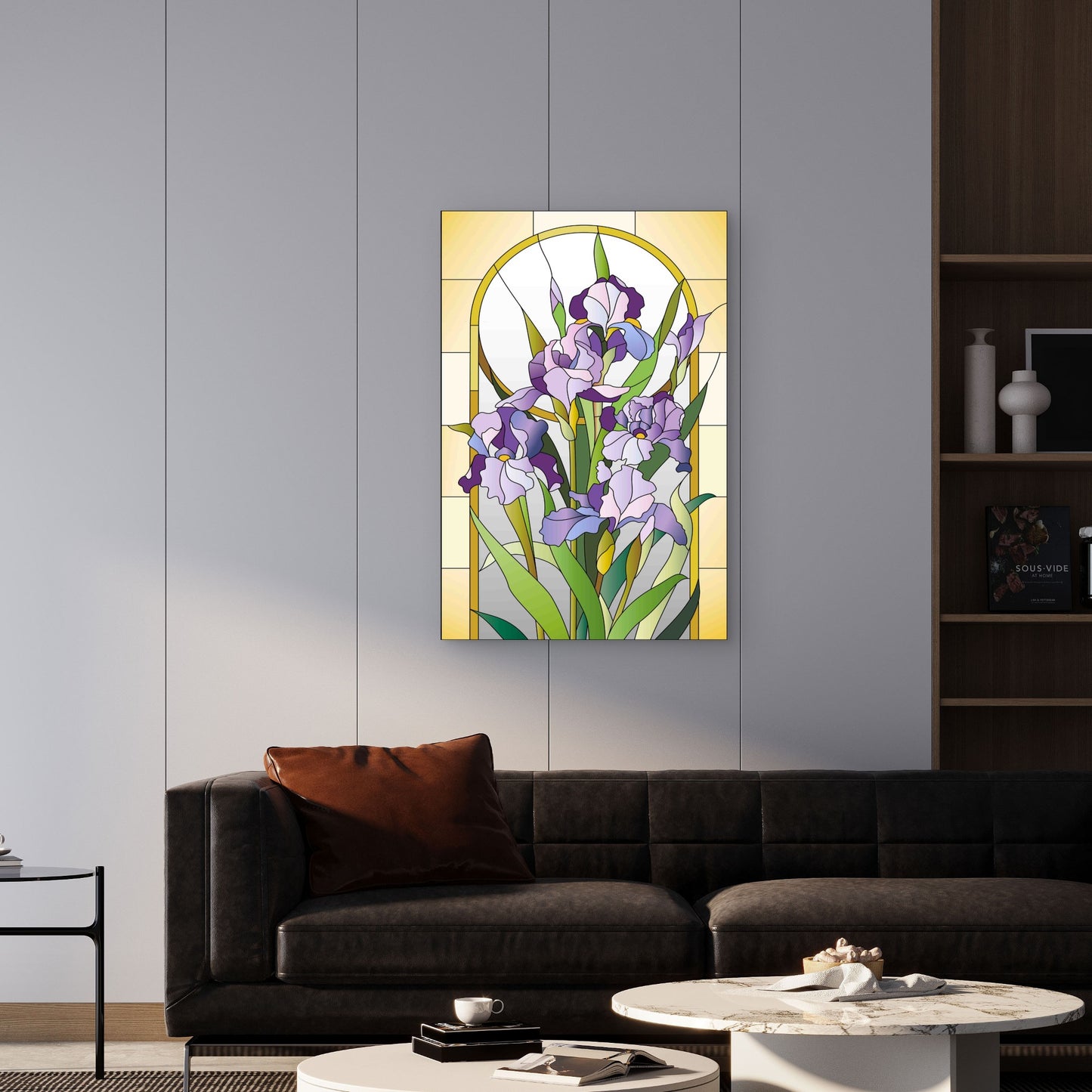 Purple Irises in Elegant Stained Glass 40x60cm Metal Print Ready to Hang