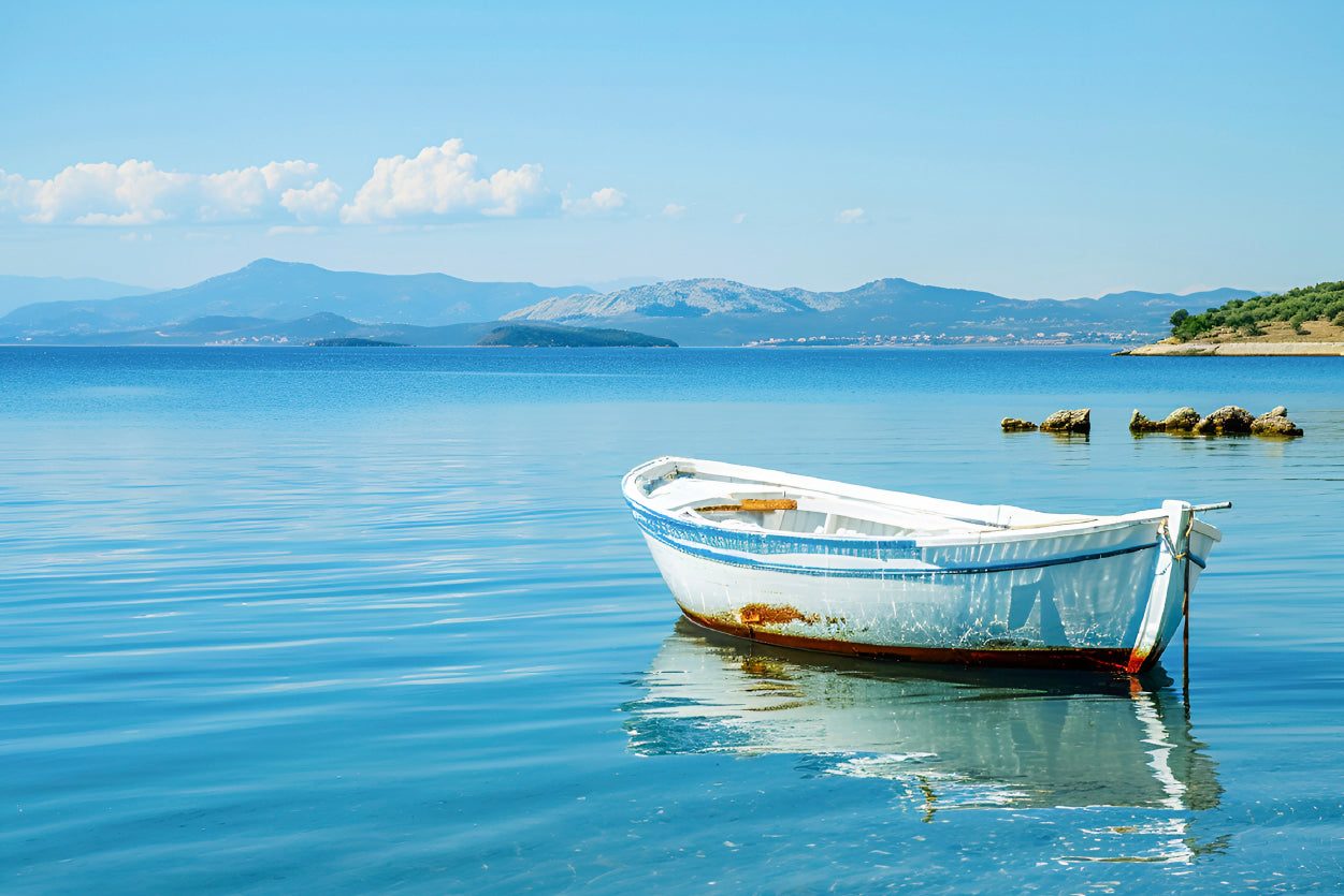 Small White Fishing Boat Floating Alone Home Decor Premium Quality Poster Print Choose Your Sizes - Bella Home Decor
