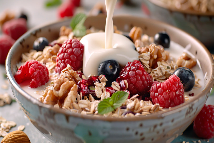 Close Up of Milk Pouring onto Oats Home Decor Premium Quality Poster Print Choose Your Sizes - Bella Home Decor