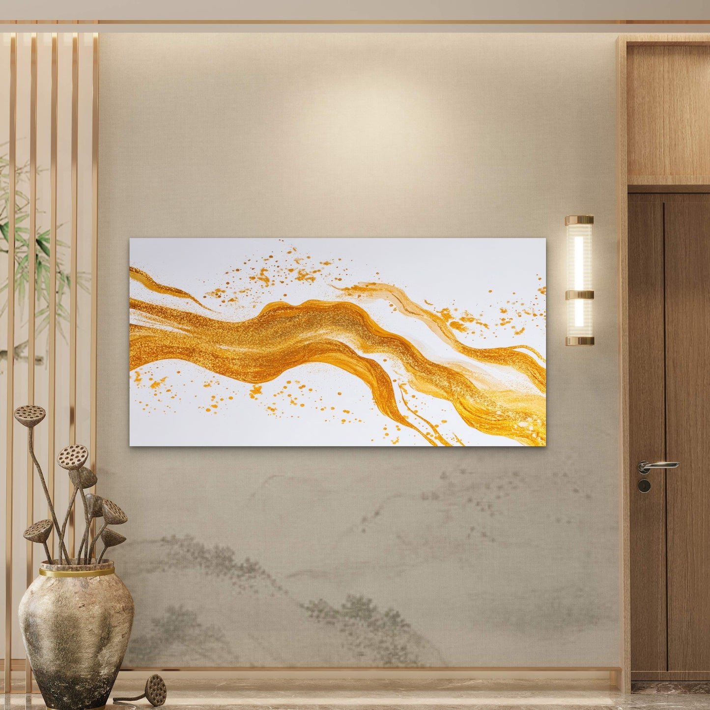 Golden River Abstract Flow Wall Art Canvas Office Home Room Framed 120x60cm
