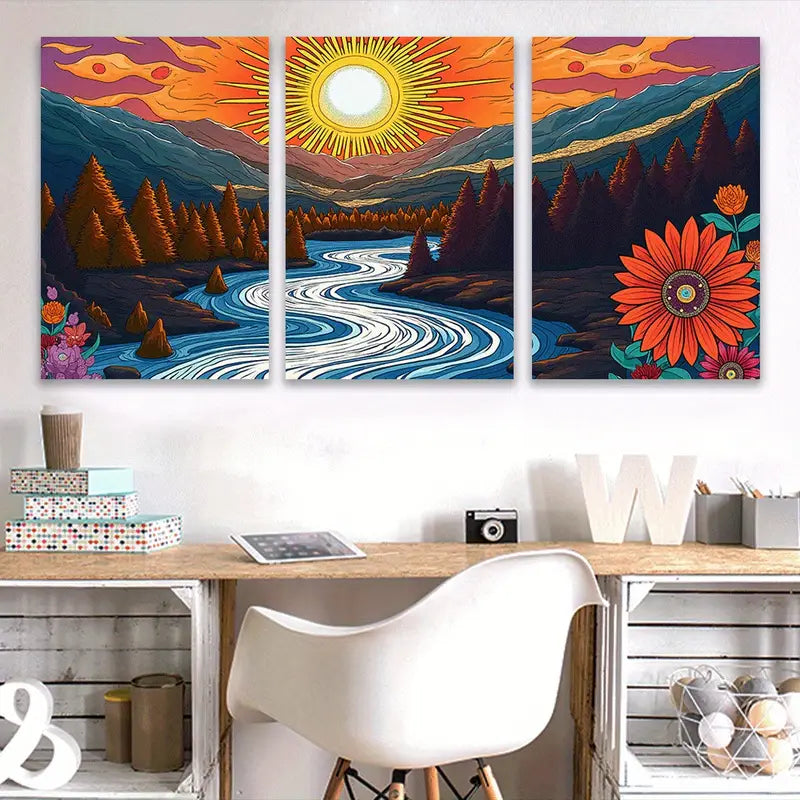 3pcs Vibrant River Sunset Nature Landscape Wall Art Set Canvas Framed 50x70cm - High Quality Print 100% Australian Made Wall Canvas Ready to Hang