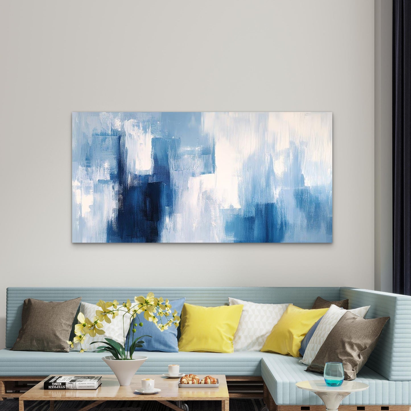 Abstract Design Blue And White Wall Art Canvas Office Home Room Framed 120x60cm - Bella Home Decor