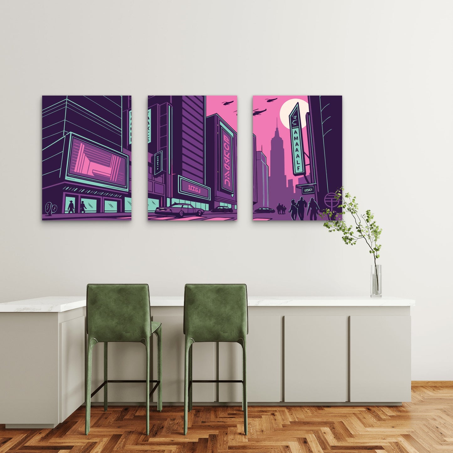 3pcs The Violet Neon Metropolis Metal Print Ready to Hang Art