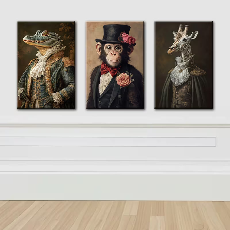 3pcs Animal Portraits in Vintage Attire Wall Art Set Canvas Framed 40x60cm - High Quality Print 100% Australian Made Wall Canvas Ready to Hang - Bella Home Decor