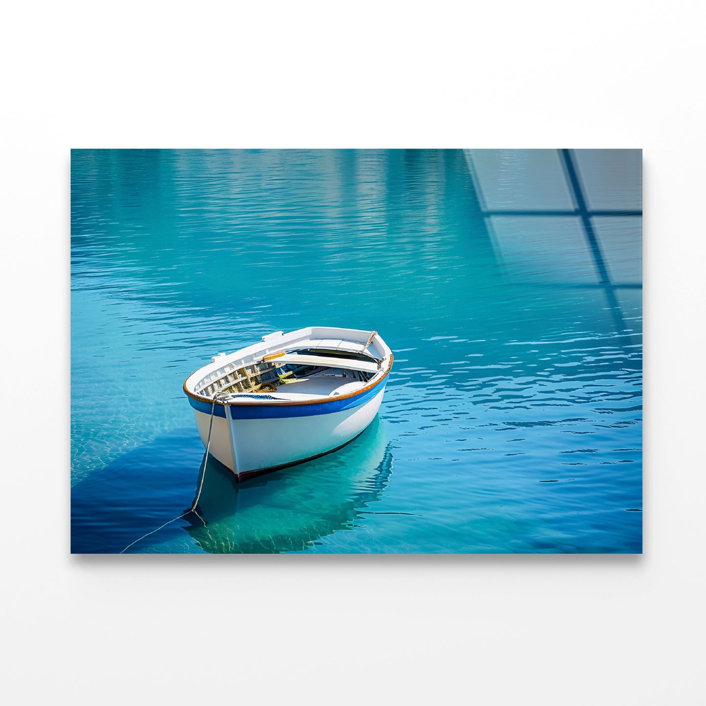 Small White Fishing Boat Floating Alone Acrylic Glass Print Tempered Glass Wall Art 100% Made in Australia Ready to Hang - Bella Home Decor