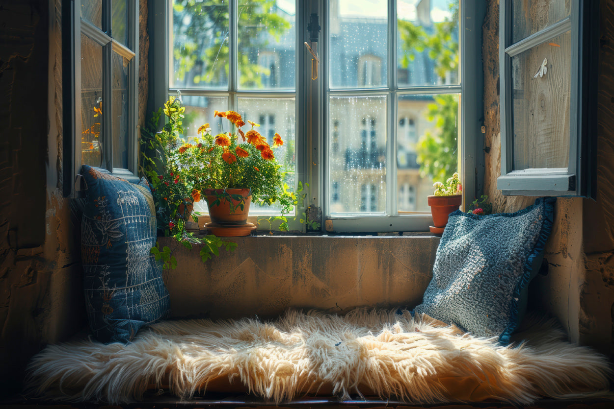 A Fluffy Pillow Resting On a Window Seat Print 100% Australian Made - Bella Home Decor