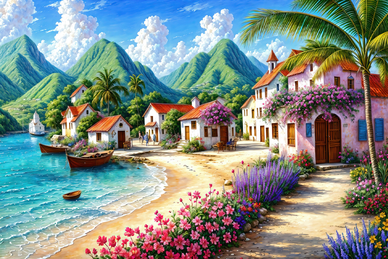 Painting Of a Village with Mountains, Houses, a Beach Home Decor Premium Quality Poster Print Choose Your Sizes - Bella Home Decor