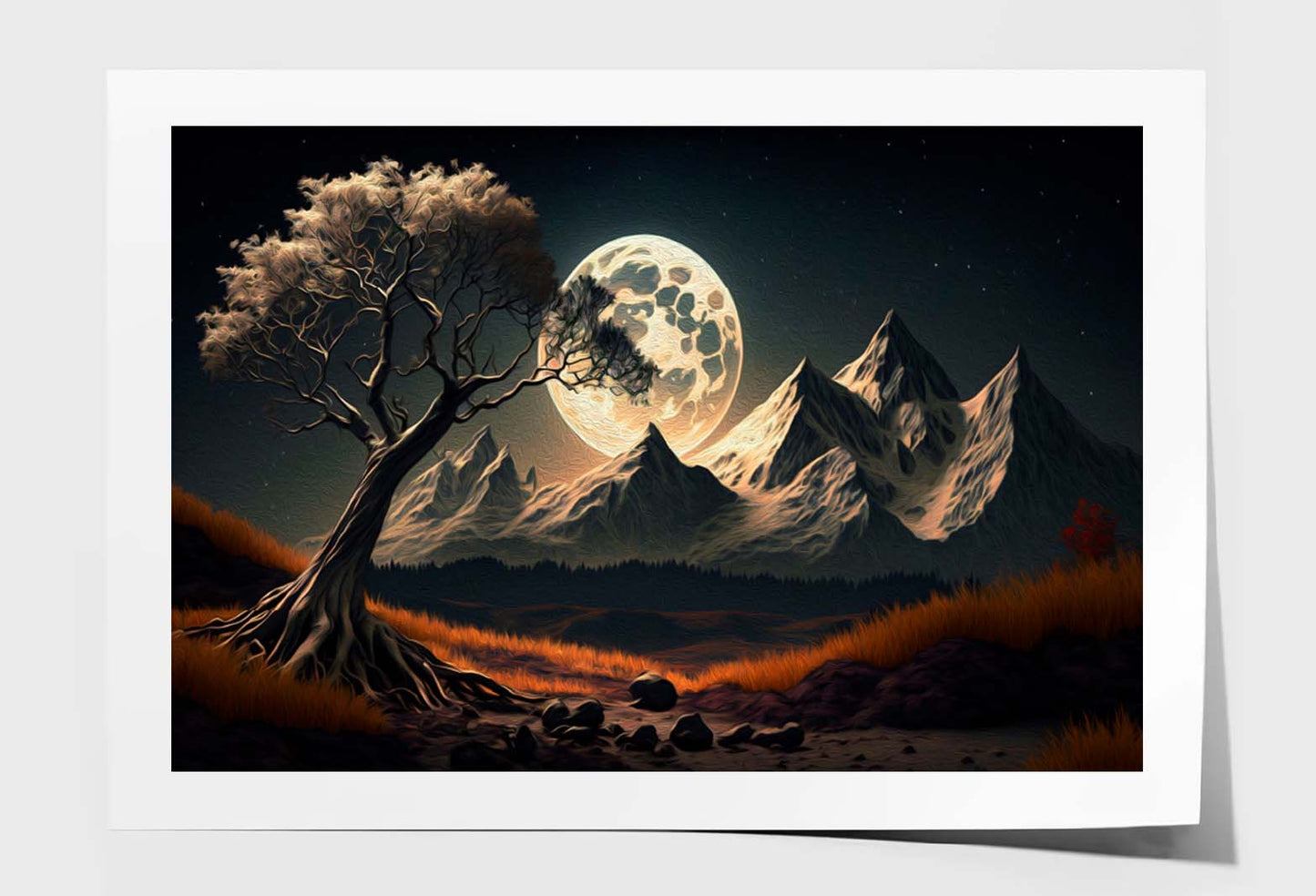 Mountains and White Moon in Dark 3d Wall Art Limited Edition High Quality Print Unframed Roll Canvas None