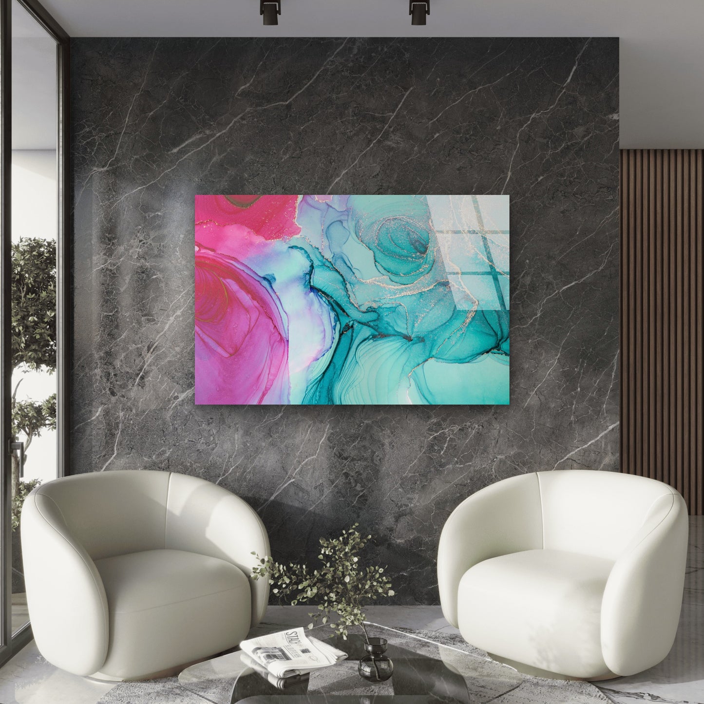 Teal Pink Gold Fluid Marble Acrylic Glass Printing Wall Art Australian Made Quality