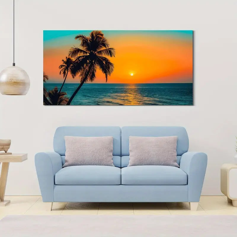 Sunset Beach Palm Trees & Orange Sky Wall Art canvas office home room framed 120x60cm - Bella Home Decor