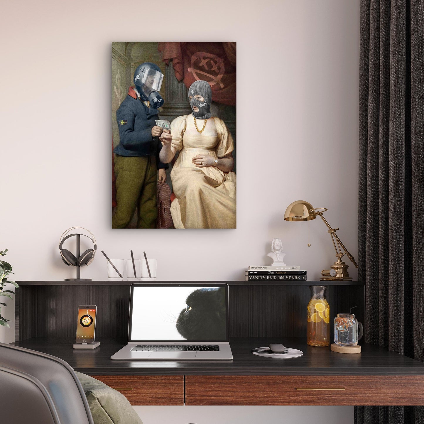 Urban Renaissance Gas Mask Grey Balaclava Cash 40x60cm Metal Print Ready to Hang