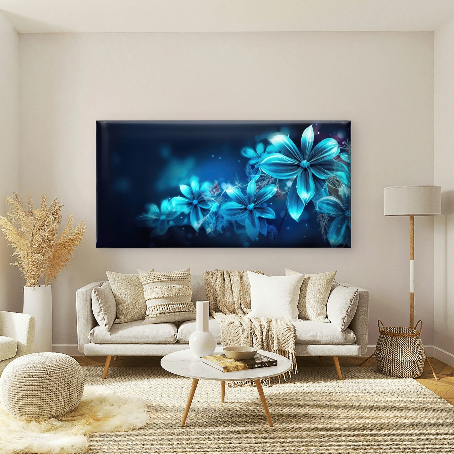 Glowing Blue Flowers Bloom Wall Art Canvas Office Home Room Framed 120x60cm