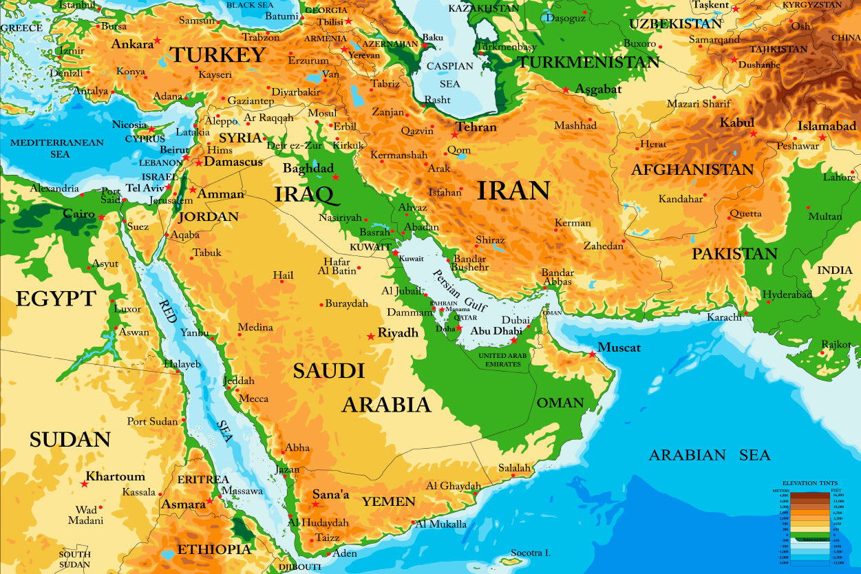 Middle East Physical Map Home Decor Premium Quality Poster Print Choose Your Sizes - Bella Home Decor