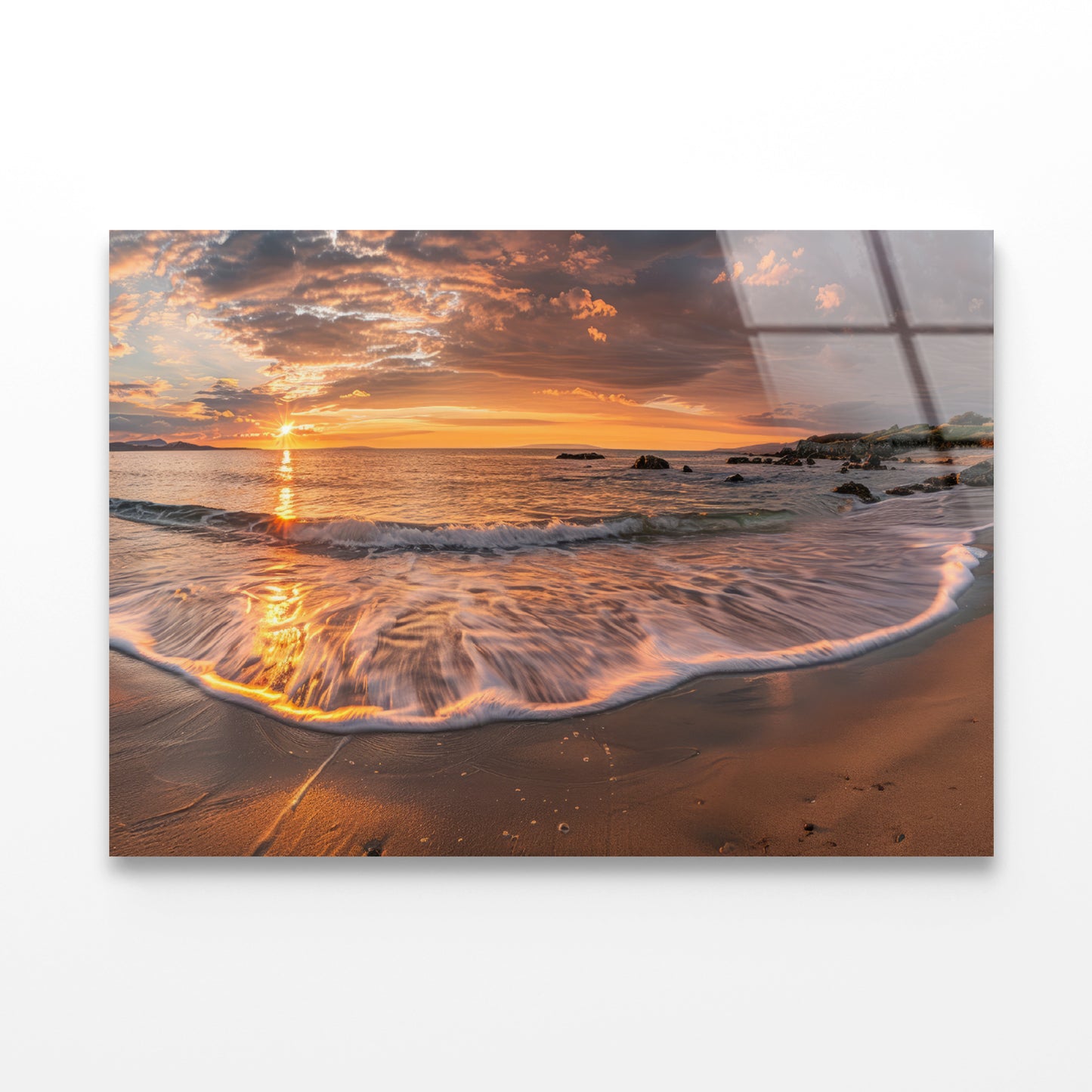 Beach Scene with Waves and a Sunset Acrylic Glass Print Tempered Glass Wall Art 100% Made in Australia Ready to Hang - Bella Home Decor