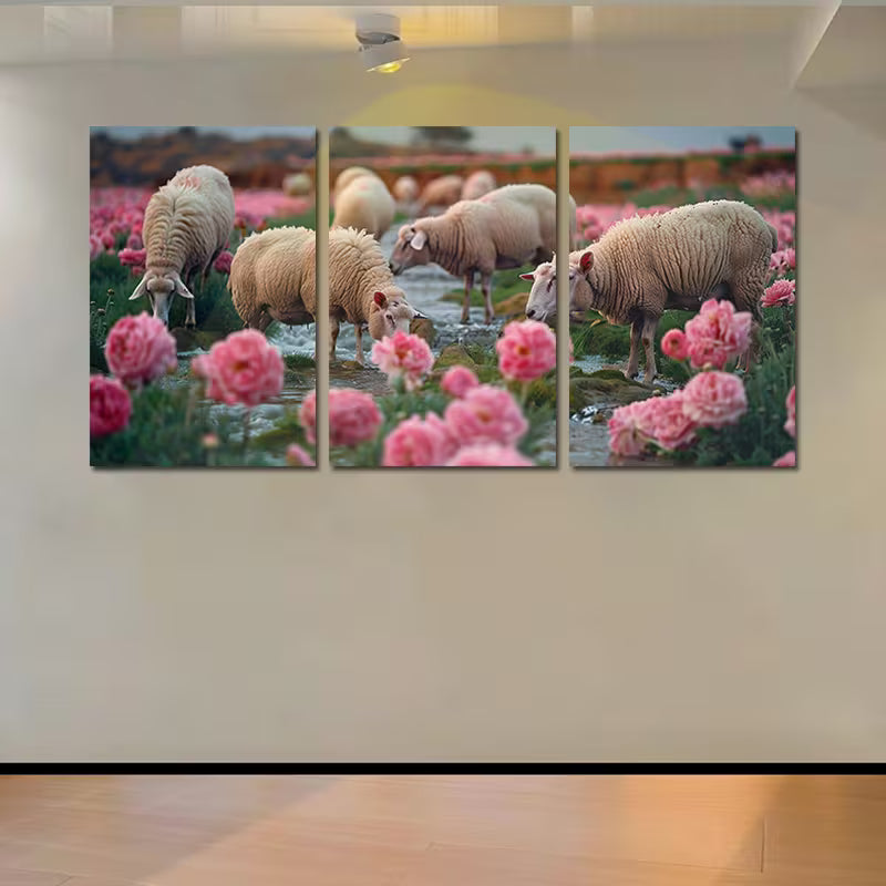 3pcs Picturesque Countryside with Sheep & Floral Wall Art Set Canvas Framed 50x70cm - High Quality Print 100% Australian Made Wall Canvas Ready to Hang