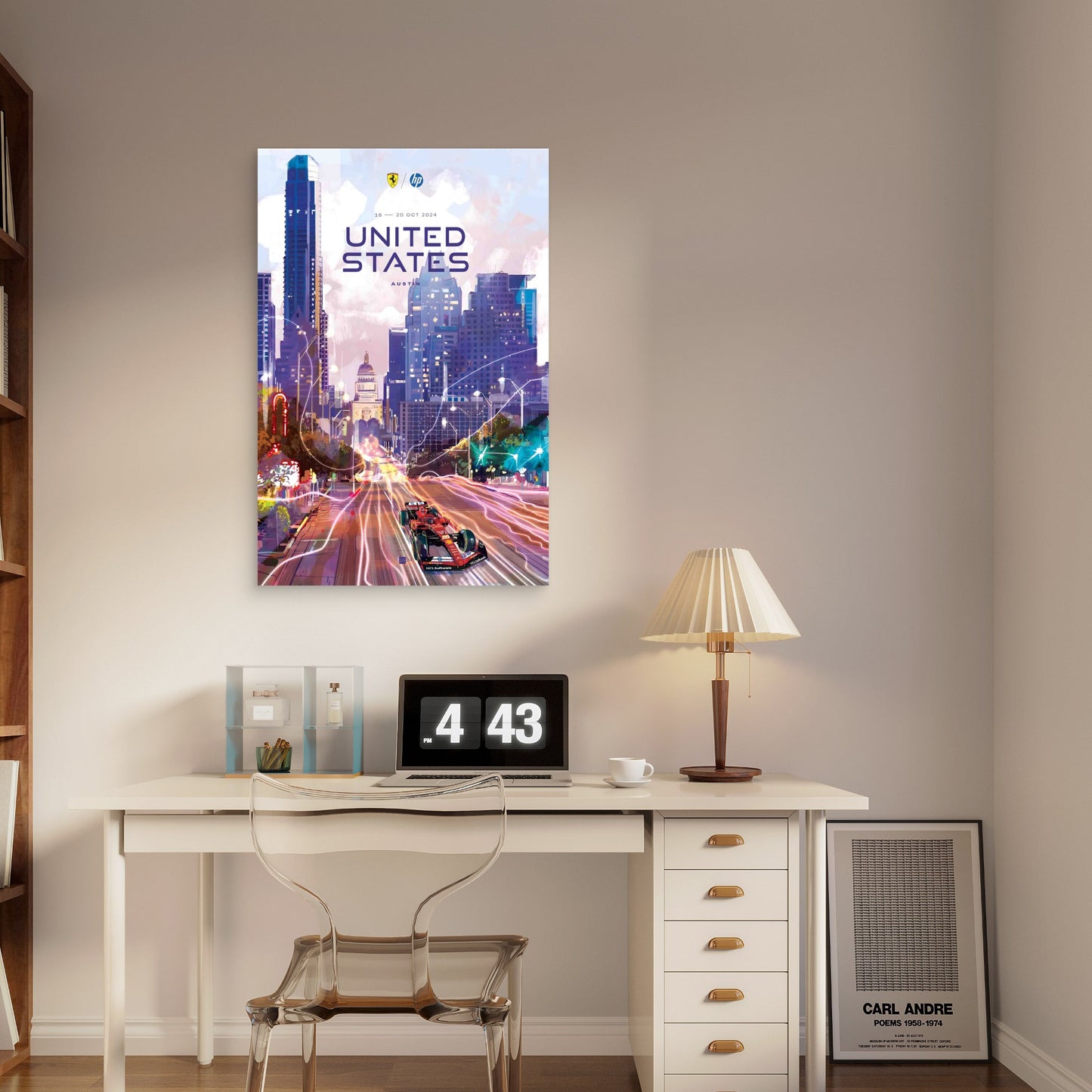 Red Racing Car United States City Skyline 40x60cm Metal Print Ready to Hang
