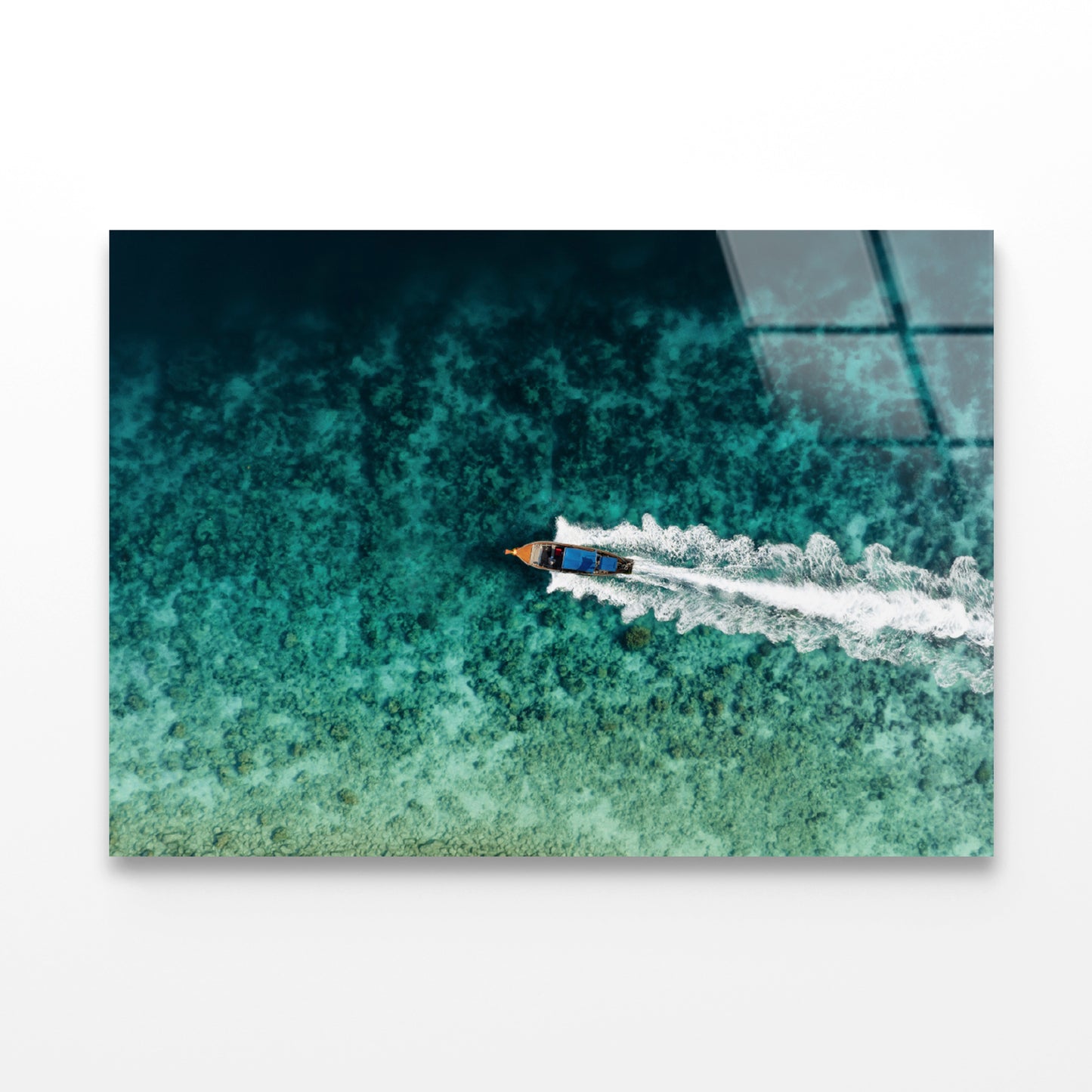 Aerial View of a Long tail Boat Sailing on a Water Acrylic Glass Print Tempered Glass Wall Art 100% Made in Australia Ready to Hang
