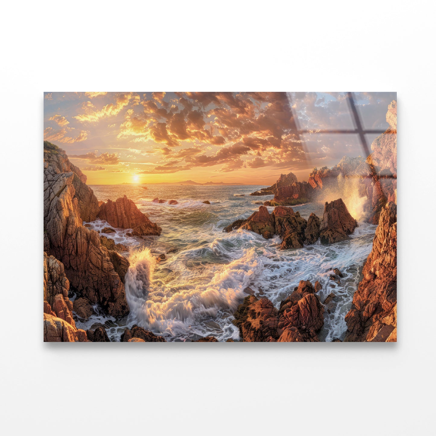 Rocky Coastline at Sunset with Waves Acrylic Glass Print Tempered Glass Wall Art 100% Made in Australia Ready to Hang - Bella Home Decor