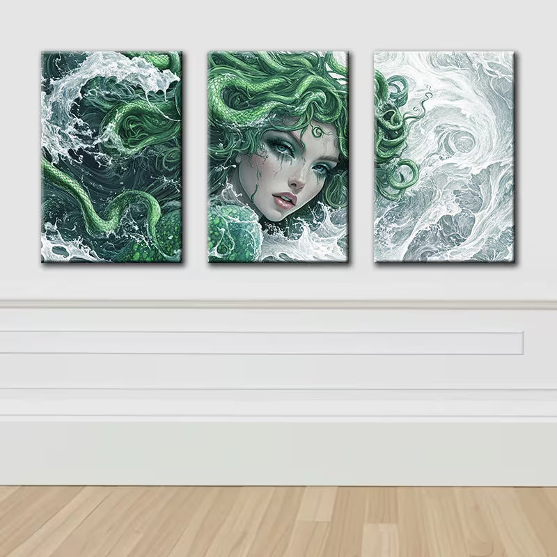 3pcs Green Beautiful Medusa Wall Art Set Canvas Framed 40x60cm - High Quality Print 100% Australian Made Wall Canvas Ready to Hang