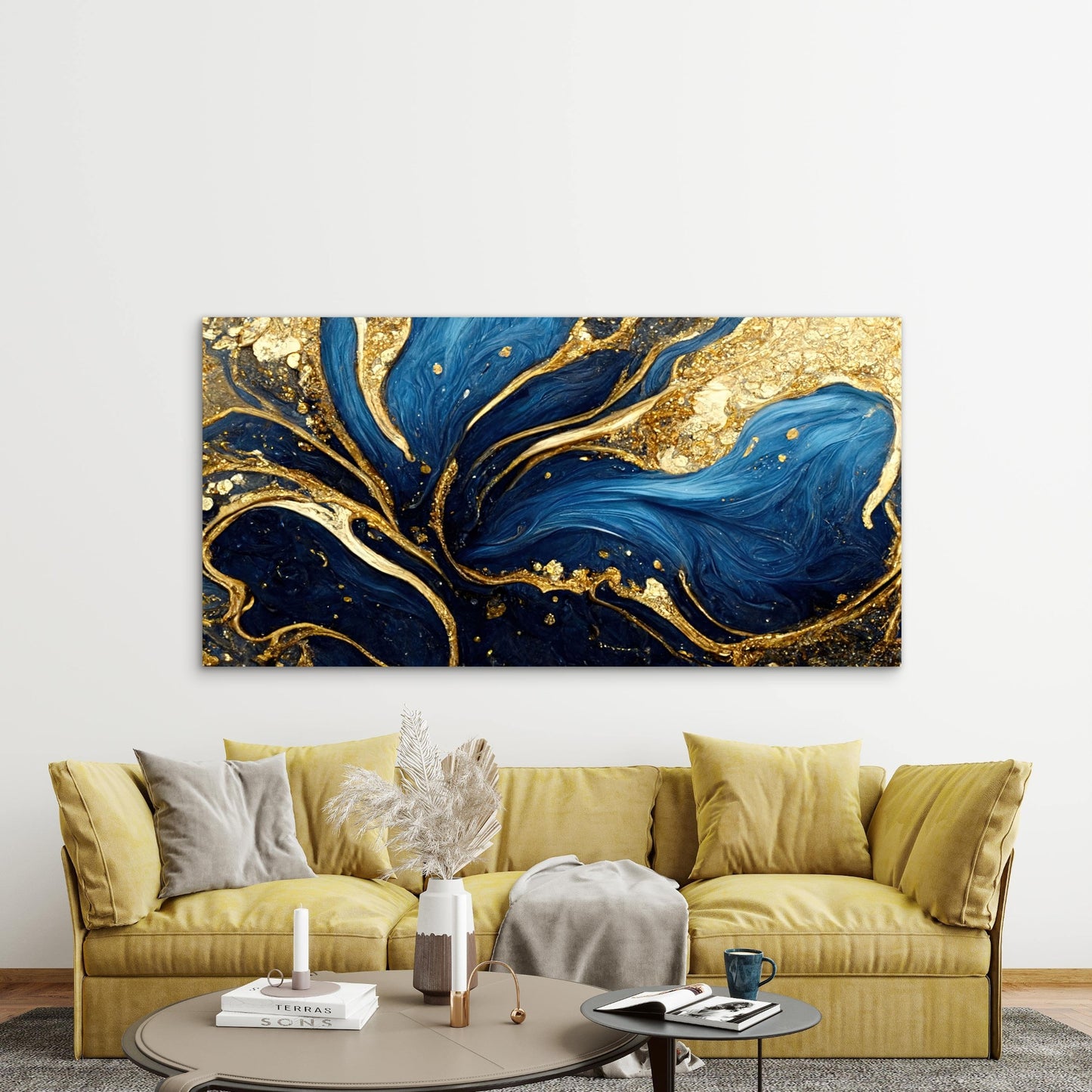 Blue Gold Marble Swirls Wall Art Canvas Office Home Room Framed 120x60cm