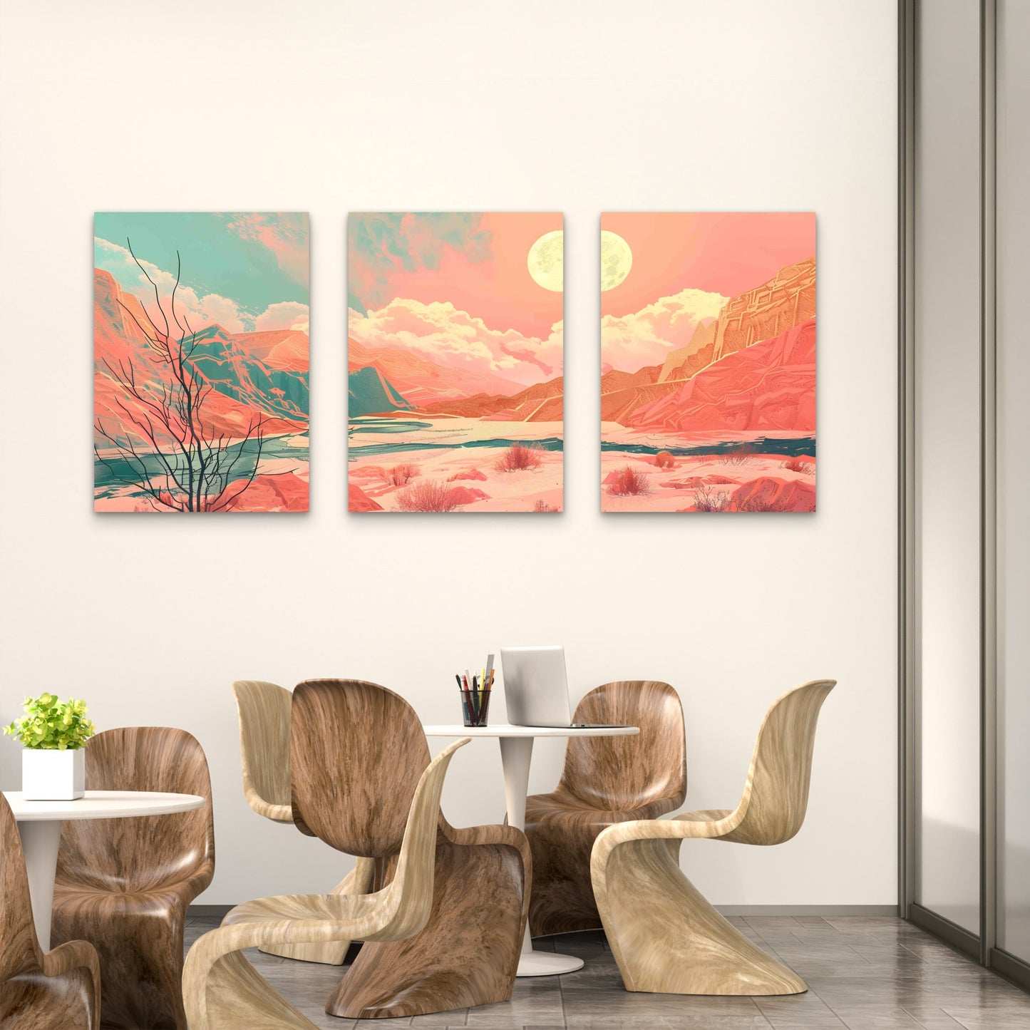 3pcs Pink Teal Mountains Landscape With Full Moon Metal Print Ready to Hang Art