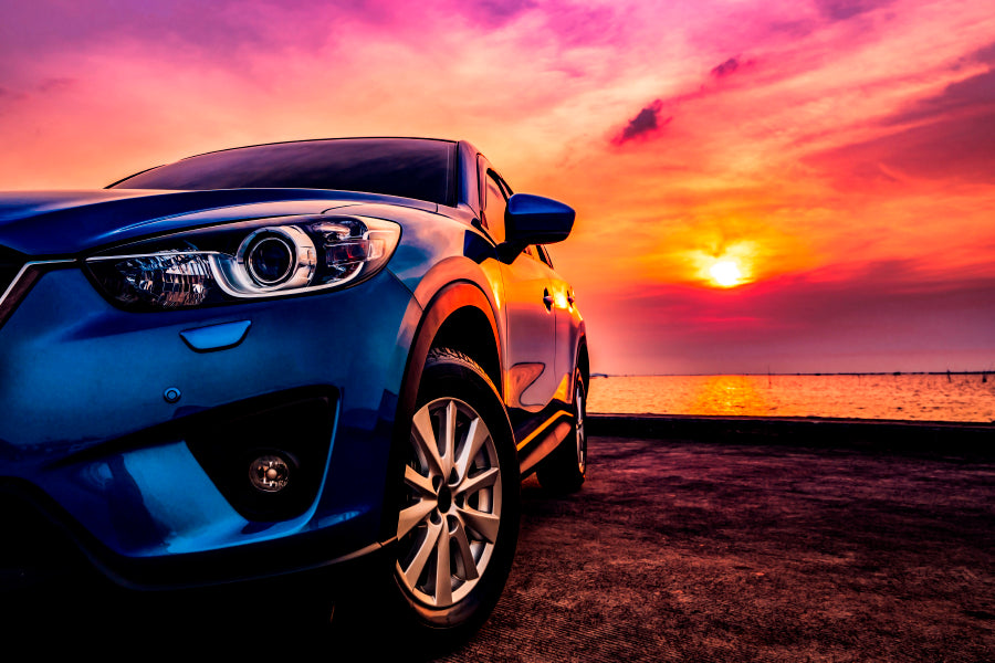 Blue Compact SUV Car Sea At Sunset Wall Art Decor 100% Australian Made - Bella Home Decor