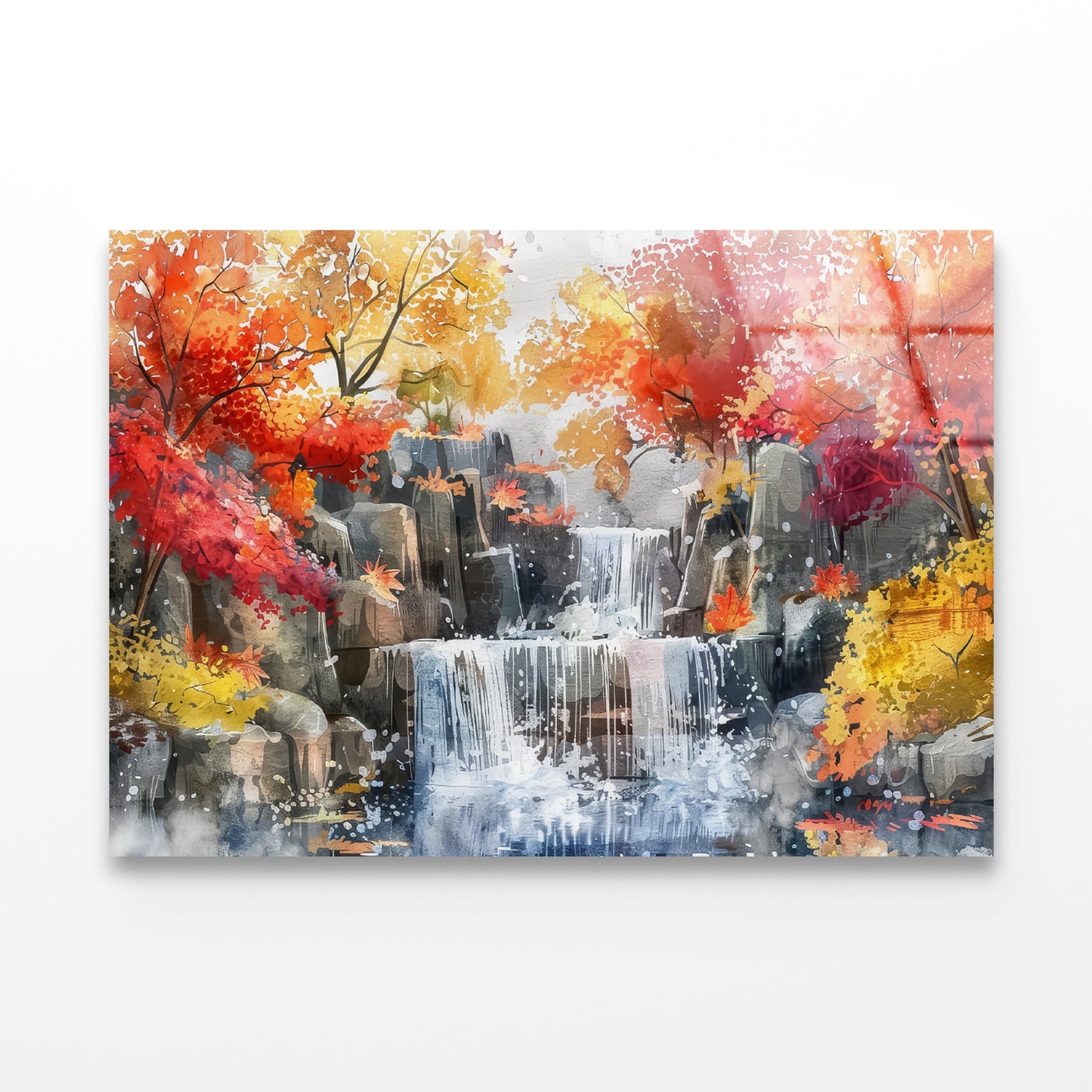 Waterfall Painting with Trees Acrylic Glass Print Tempered Glass Wall Art 100% Made in Australia Ready to Hang - Bella Home Decor