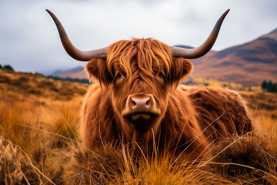 Highland Cow with Horns & Mountain View Acrylic Glass Print Tempered Glass Wall Art 100% Made in Australia Ready to Hang - Bella Home Decor