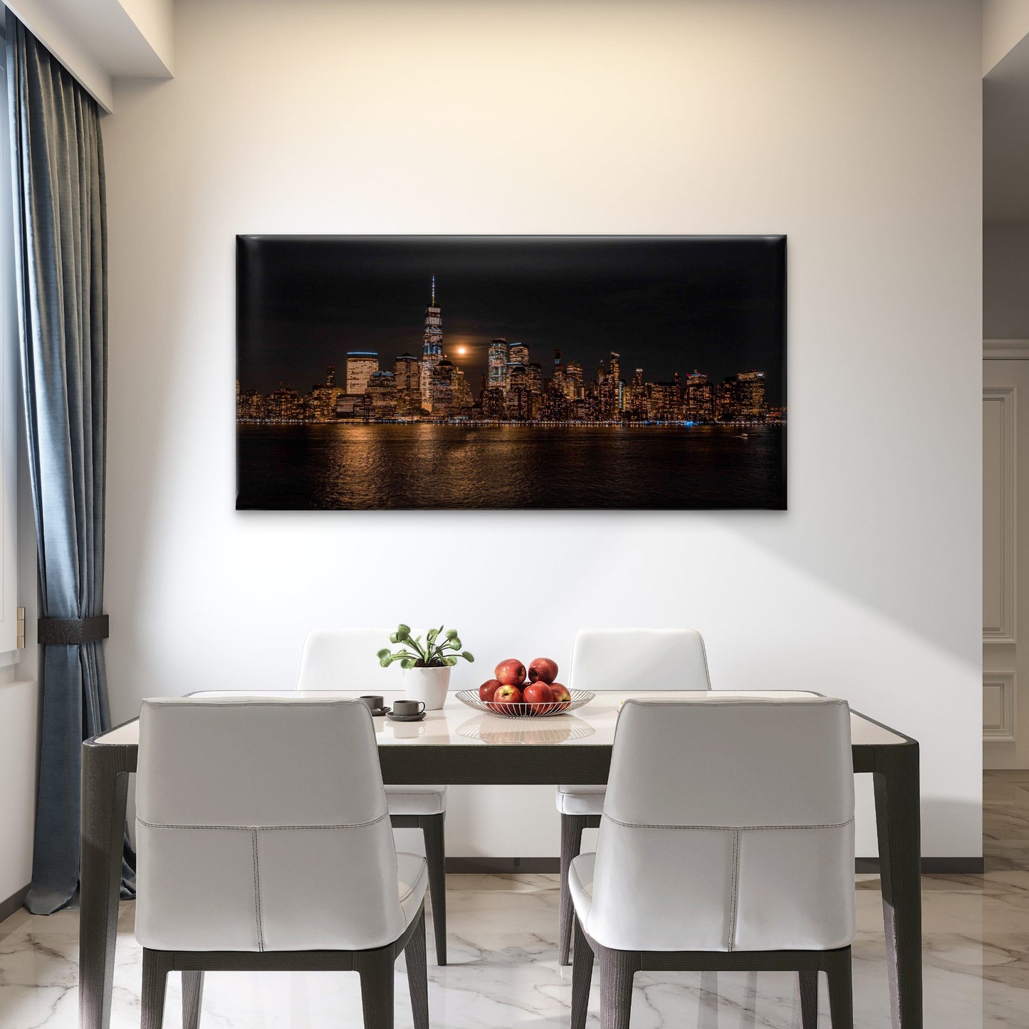 City Skyline at Night with Moon Wall Art Canvas Office Home Room Framed 120x60cm - Bella Home Decor