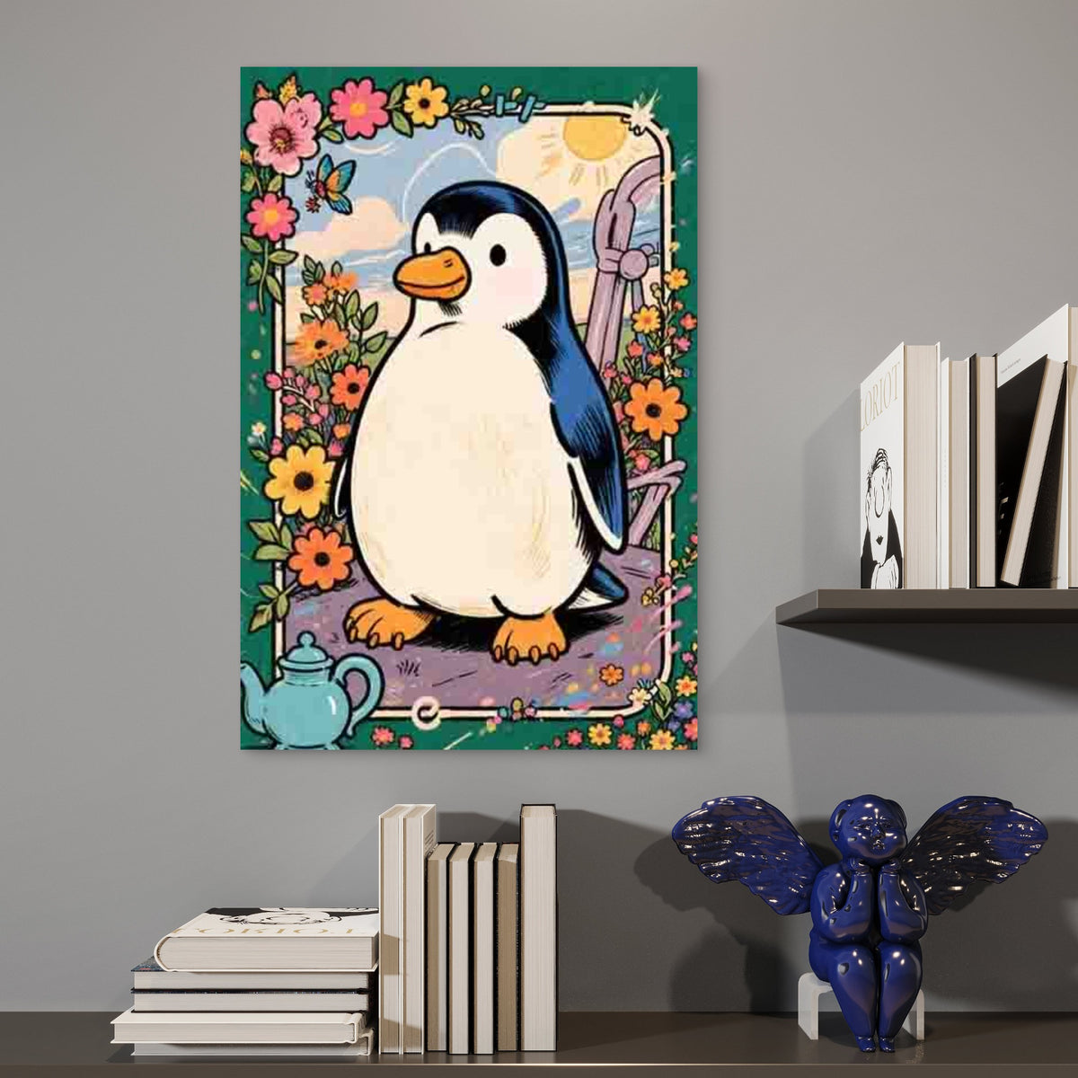 Penguin with Floral Patterns Metal Print Ready to Hang