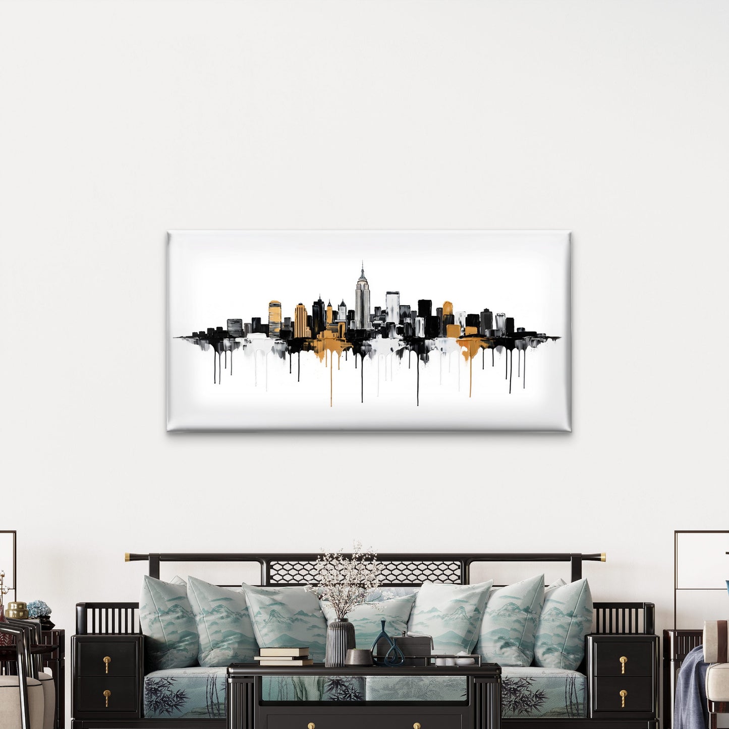 New York NYC Skyline Gold Drip Wall Art Canvas Office Home Room Framed 120x60cm