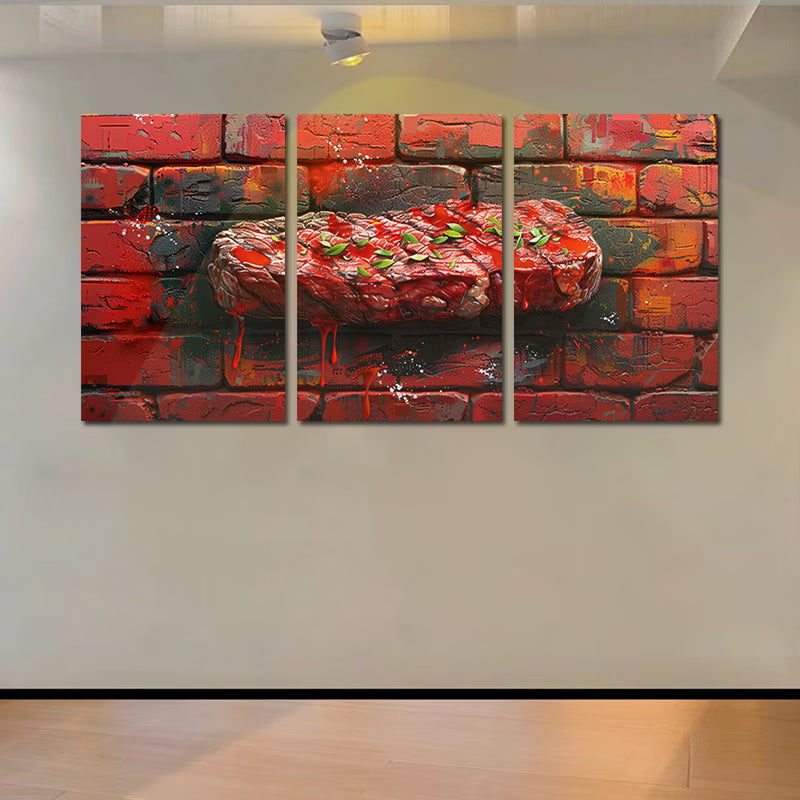 3pcs Steak Against a Brick Wall Background Wall Art Set Canvas Framed 60x90cm - High Quality Print 100% Australian Made Wall Canvas Ready to Hang