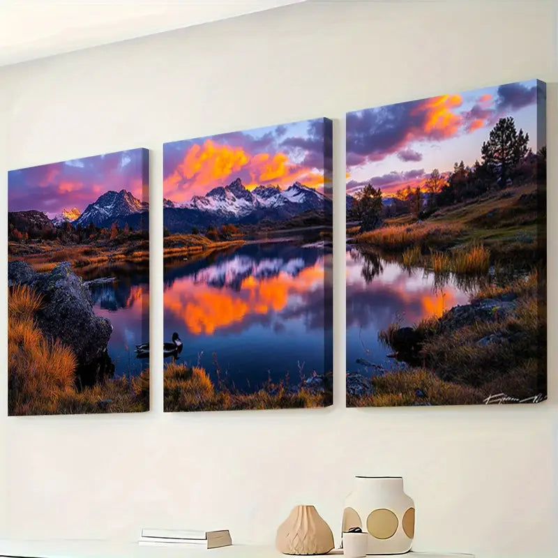 3pcs Mountain Lake Dawn Reflection Wall Art Set Canvas Framed 50x70cm - High Quality Print 100% Australian Made Wall Canvas Ready to Hang