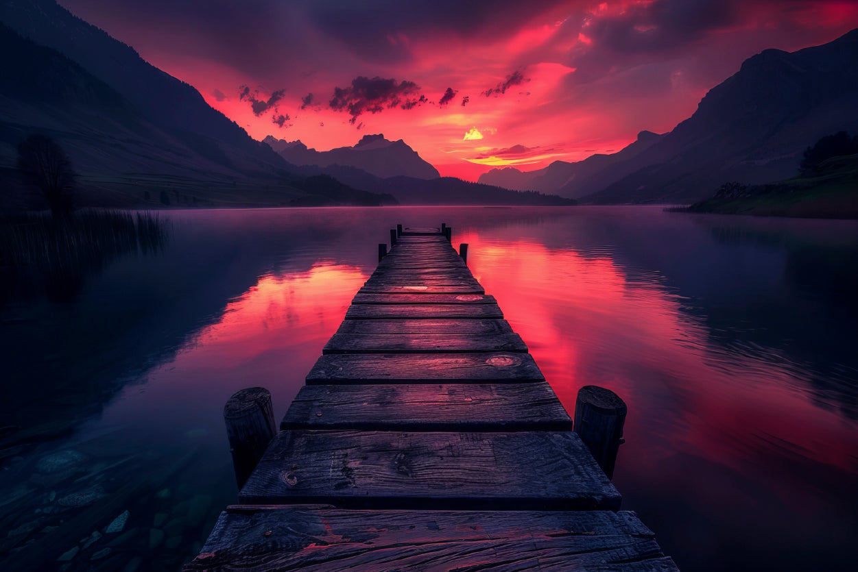 Dock Extending Into a Lake with a Sunset Home Decor Premium Quality Poster Print Choose Your Sizes - Bella Home Decor