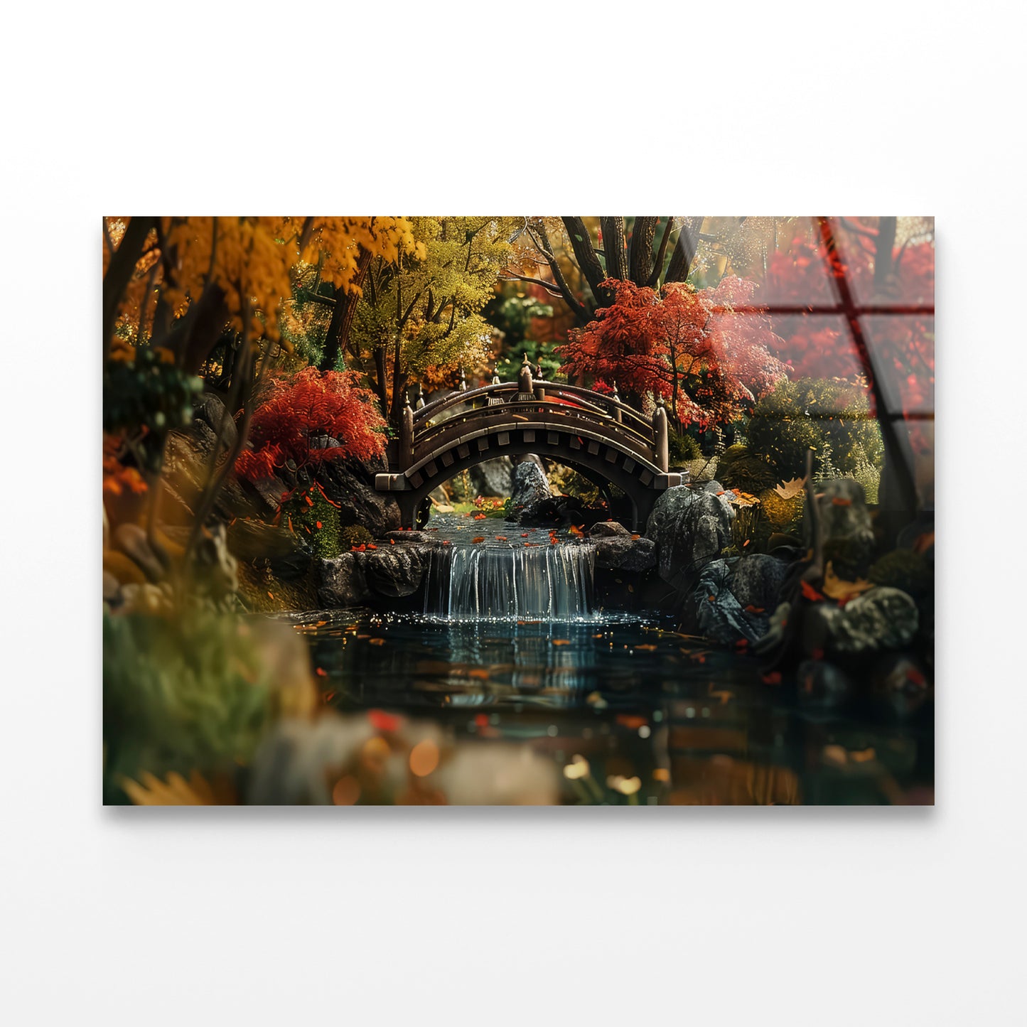 Bridge Over a River with a Waterfall and Trees Acrylic Glass Print Tempered Glass Wall Art 100% Made in Australia Ready to Hang - Bella Home Decor