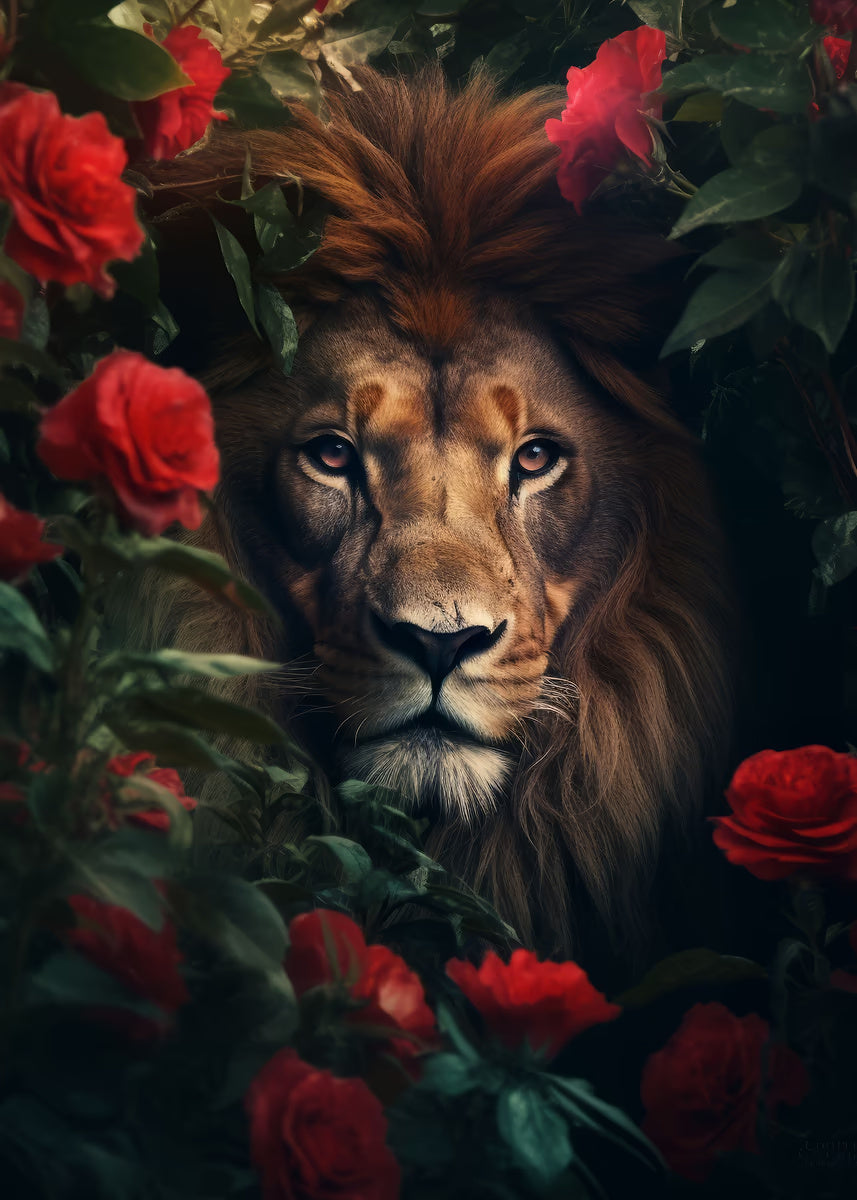 Lion Face Red Roses Garden 60x90cm Metal Print Ready to Hang