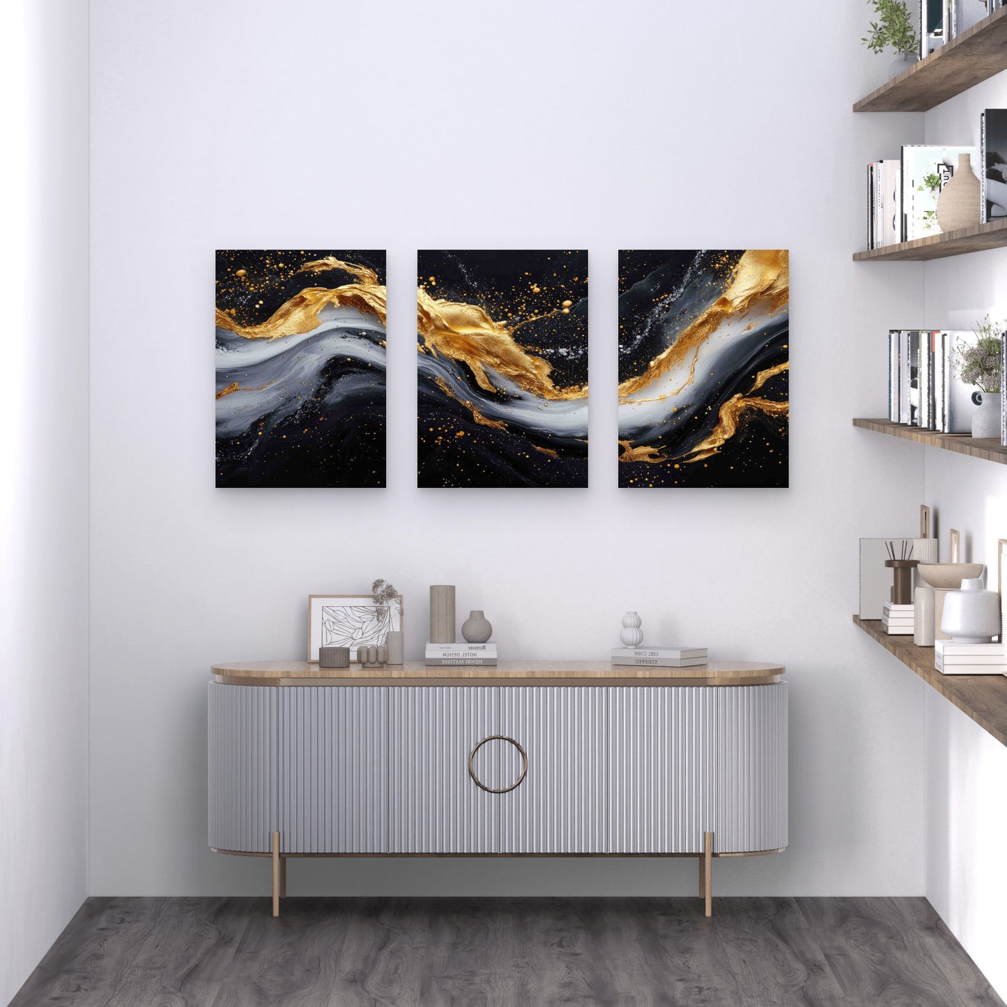 3pcs Painting Gold Black Swirl Metal Print Ready to Hang Art
