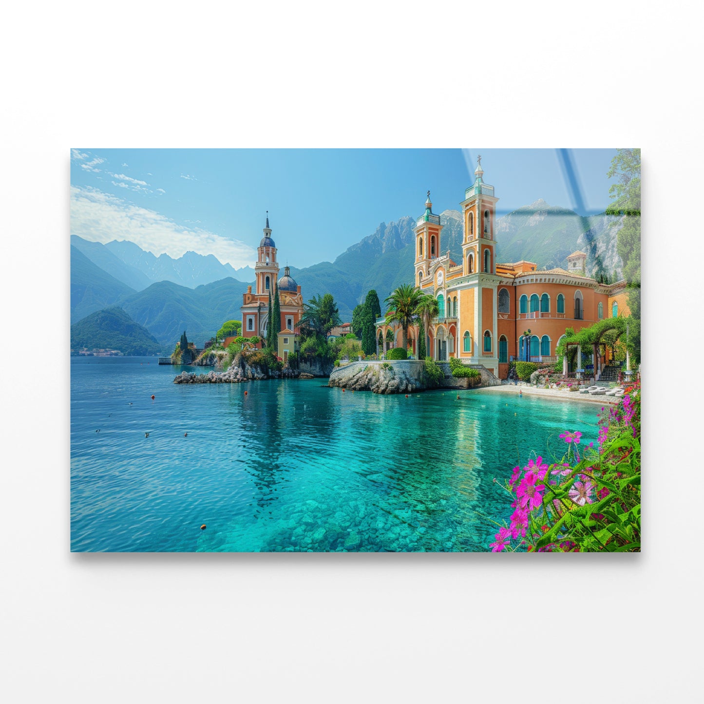 Building with a River, Mountains, Sky Acrylic Glass Print Tempered Glass Wall Art 100% Made in Australia Ready to Hang - Bella Home Decor