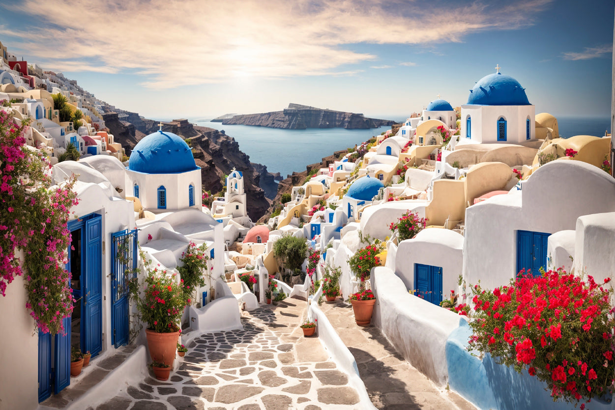 Streets of Santorini with Flowers Home Decor Premium Quality Poster Print Choose Your Sizes - Bella Home Decor