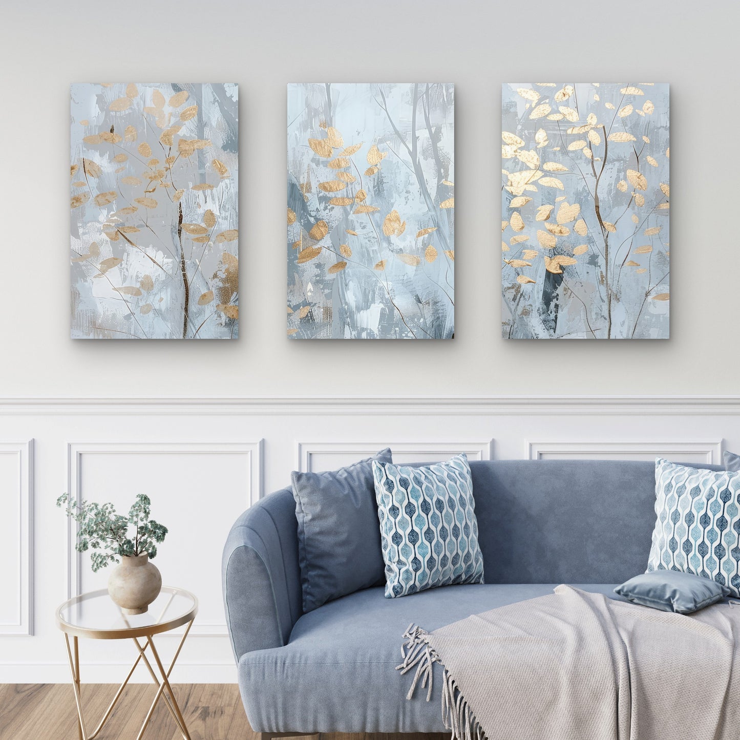 3pcs Modern Gray Abstract Gold Tree Foil Wall Art Set Canvas Framed 40x60cm - High Quality Print 100% Australian Made Wall Canvas Ready to Hang