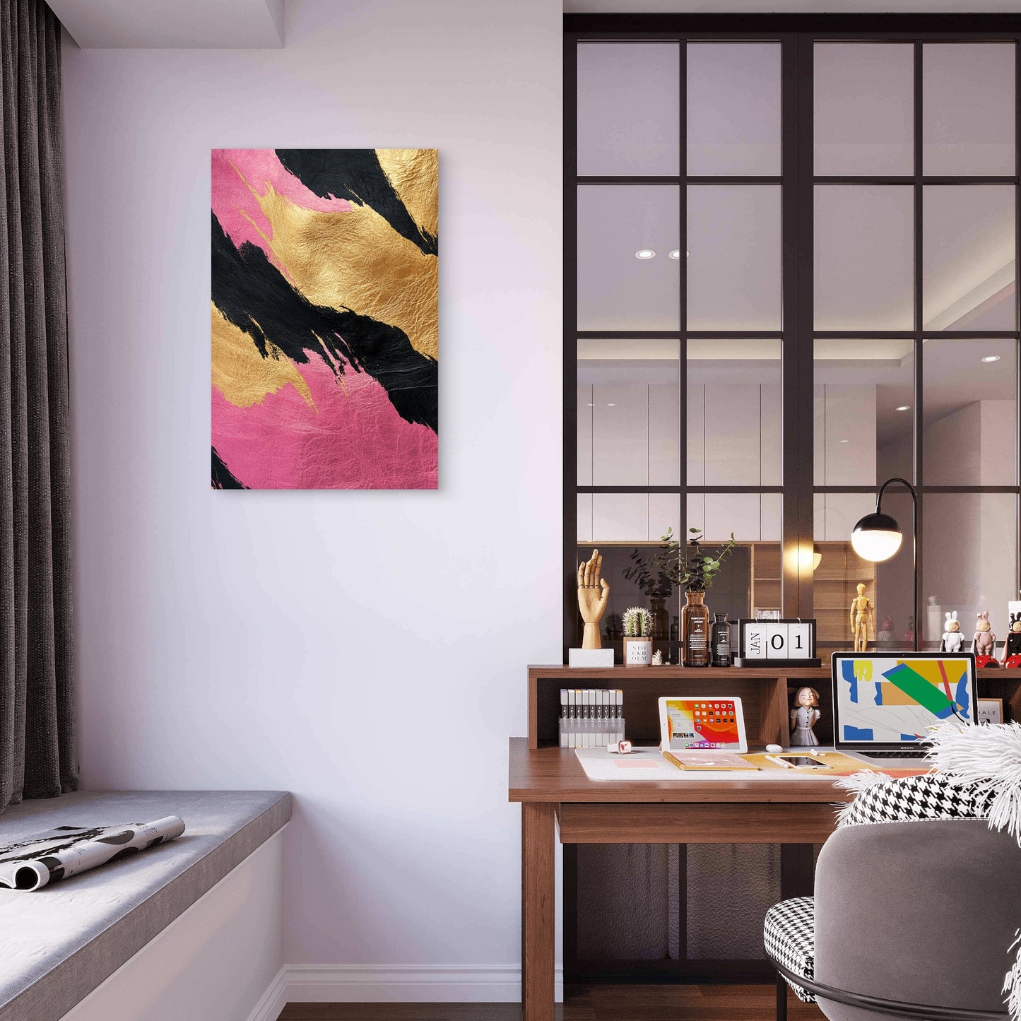 Pink Black Gold Abstract Brush Stroke 40x60cm Metal Print Ready to Hang