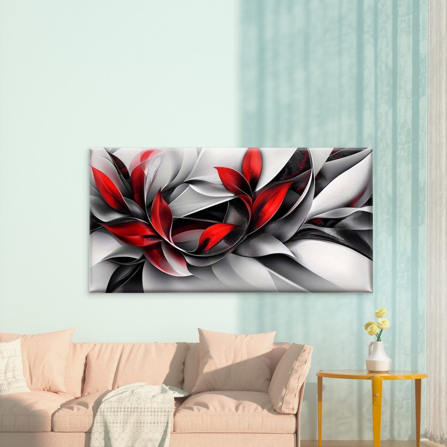 Abstract Red Black White Leaf Wall Art Canvas Office Home Room Framed 120x60cm - Bella Home Decor
