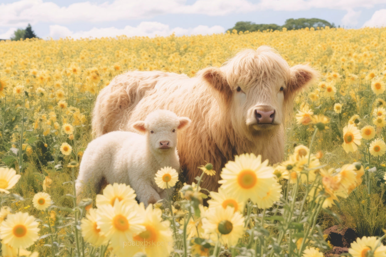 Two Baby Cows Standing In a Field Of Yellow Flowers Home Decor Premium Quality Poster Print Choose Your Sizes - Bella Home Decor