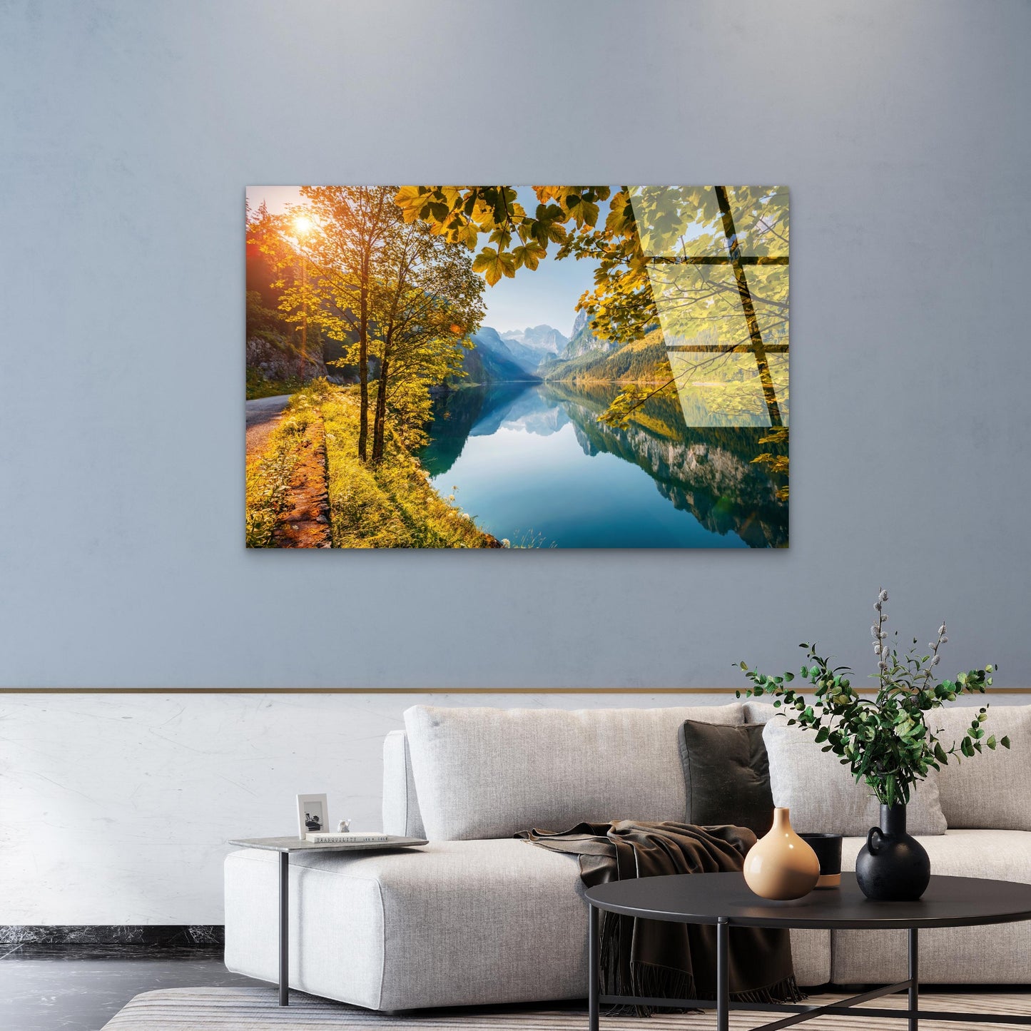 Alpine Mountain Lake Golden Autumn Acrylic Glass Printing Wall Art Australian Made Quality