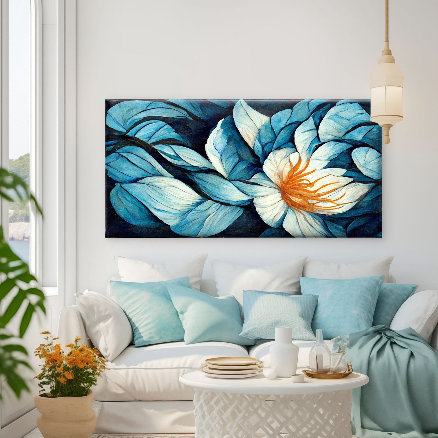 Deep Blue Floral Dream Painting Wall Art Canvas Office Home Room Framed 120x60cm